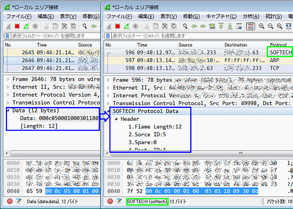 Wireshark標準の表示(左)と「SOFTECH.LUA」(右)対応後の表示